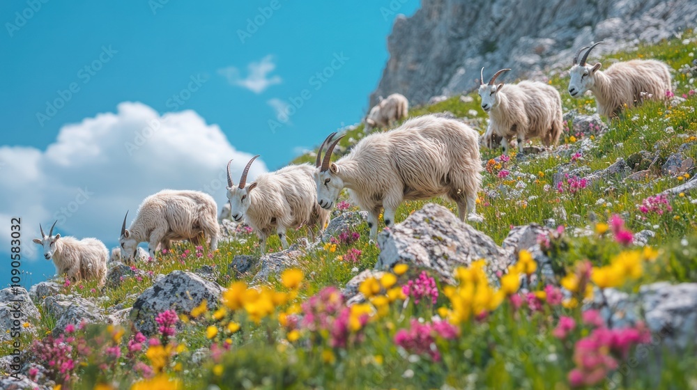 Fototapeta premium Herd of Norwegian Fjord horses grazing in a picturesque valley surrounded by snow-capped mountains. breathtaking and scenic equine image. 