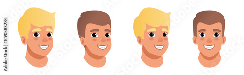 Man Smiling Face Head with Different Hairstyle Vector Set