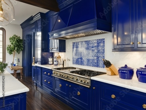 Elegant Blue Kitchen With Marble Countertops And Gold Accents photo