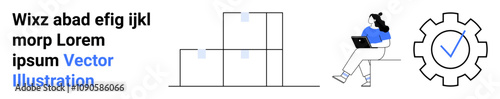 Woman using laptop, three stacked geometric blocks, and a gear with a checkmark. Ideal for tech, productivity, organization, analysis, efficiency, planning, automation. Landing page