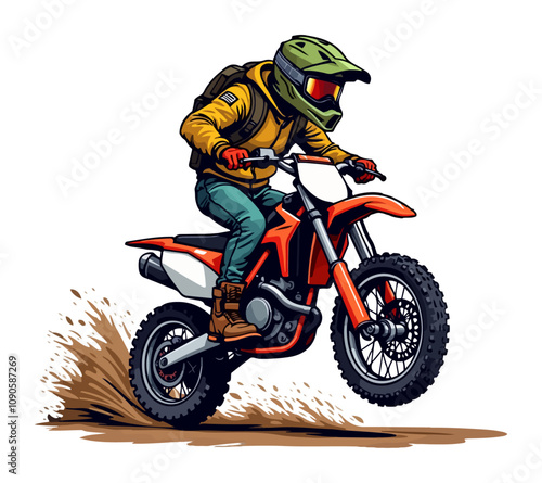 A vector illustration of a bold biker riding an orange motocross dirt bike and kicking up dust.