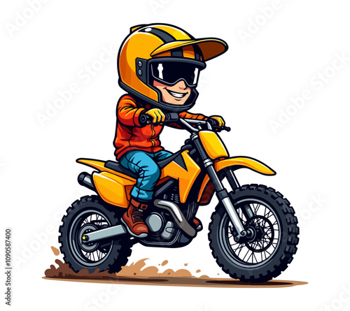 A cheerful cartoon vector illustration of a biker riding a yellow motocross dirt bike.