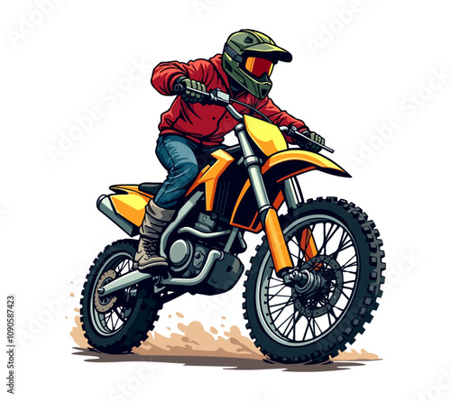 A vector illustration of a bold biker riding a yellow motocross dirt bike and kicking up dust.