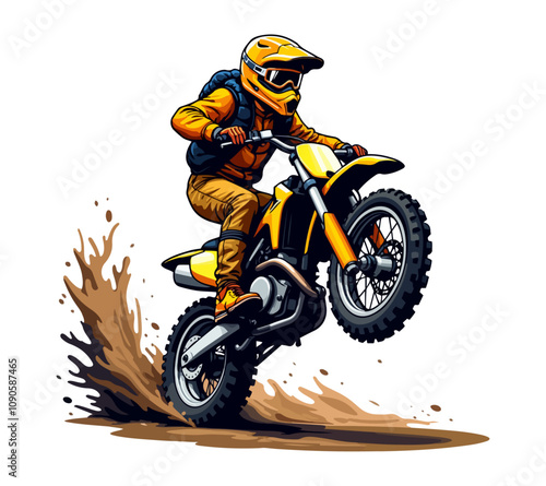 A vector illustration of a bold biker riding a yellow motocross dirt bike and kicking up dust.
