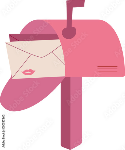 Happy cartoon mailbox holding an envelope with a love letter inside. The cute design features a heart theme, perfect for romantic messages and valentine celebration. Suitable for card or invitation