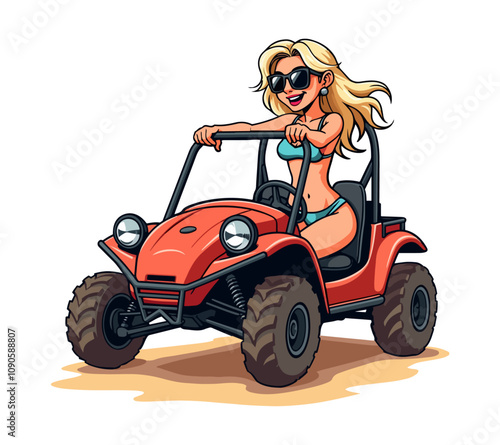 A cartoon vector of a stylish and cheerful blonde woman with sunglasses driving a red beach buggy.