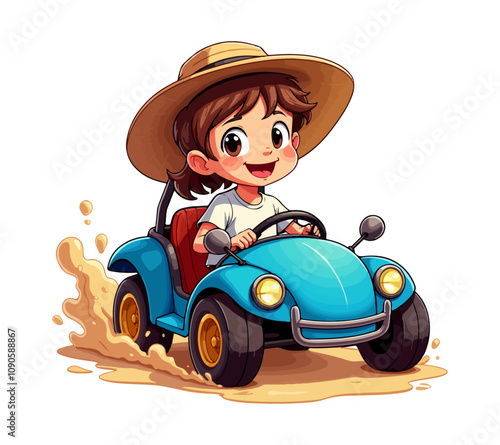 A cartoon vector of a cheerful boy with a hat driving a blue beach buggy.