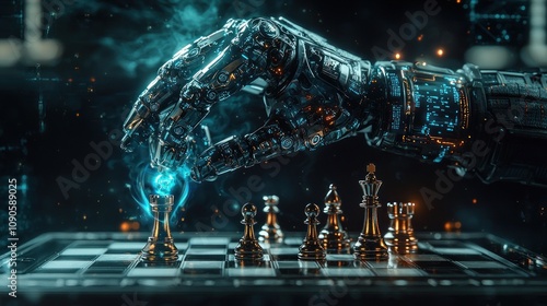 Futuristic robot hand moving chess piece during game