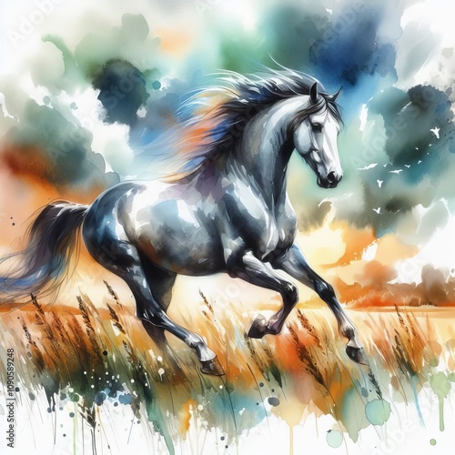 Horse Watercolor A horse galloping through a field painted in dy photo