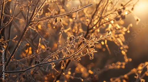 photo of a close-up of ice crystals on tree branches,  cold and tranquil winter morning