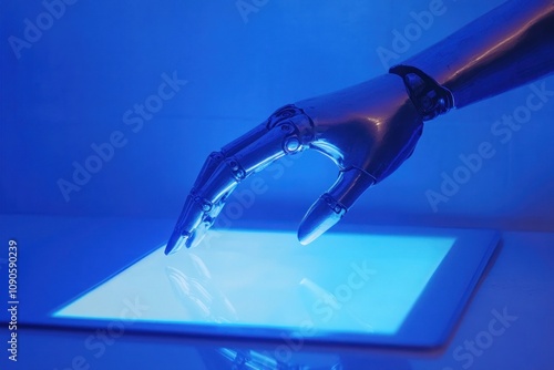 Futuristic robotic hand on a glowing digital screen
