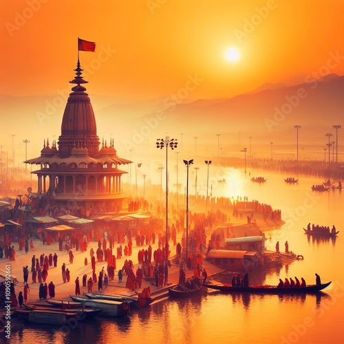 Kumbh Mela India with a sense of peace and tranquility with brig photo