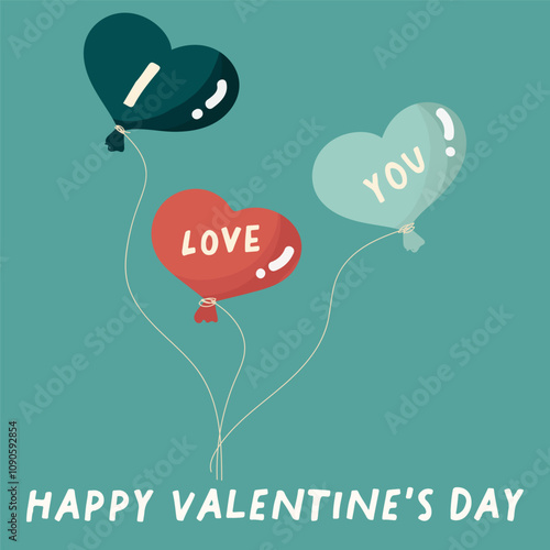 Balloons in the shape of a heart, with the inscription I love you.Flat vector illustration. Hand drawn vector.