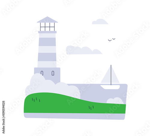 Lighthouse, sailboat sailing on calm sea water. Nature landscape with boat an...