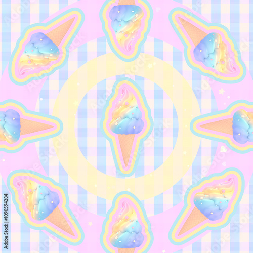 Cartoon spinning rainbow ice cream cones on pastel plaid pattern background.