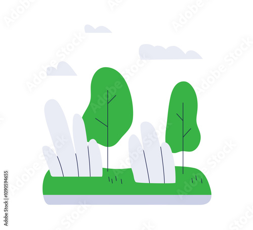 Nature landscape with green leaf trees, plants, shrubs. Serene calm wild envi...