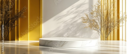 Organicshaped yellow and white podium with gold detailing, surrounded by soft shadow play, modern luxury concept photo