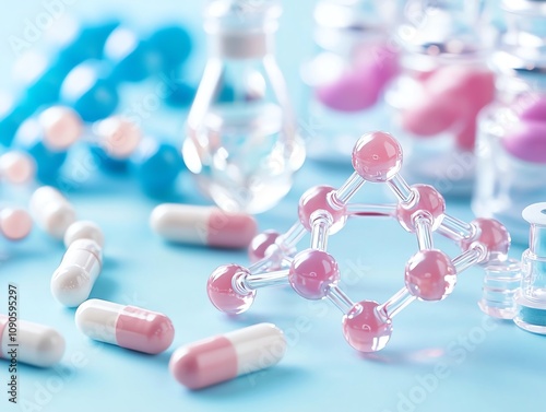 A molecule futuristic capsule colorful arrangement of pills, liquids, and a molecular model, representing the world of pharmaceuticals and science.