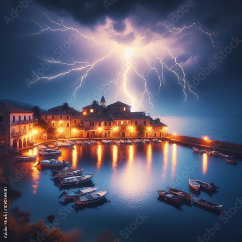 Lightning Over a Quiet Harbor A small harbor is briefly illumina photo