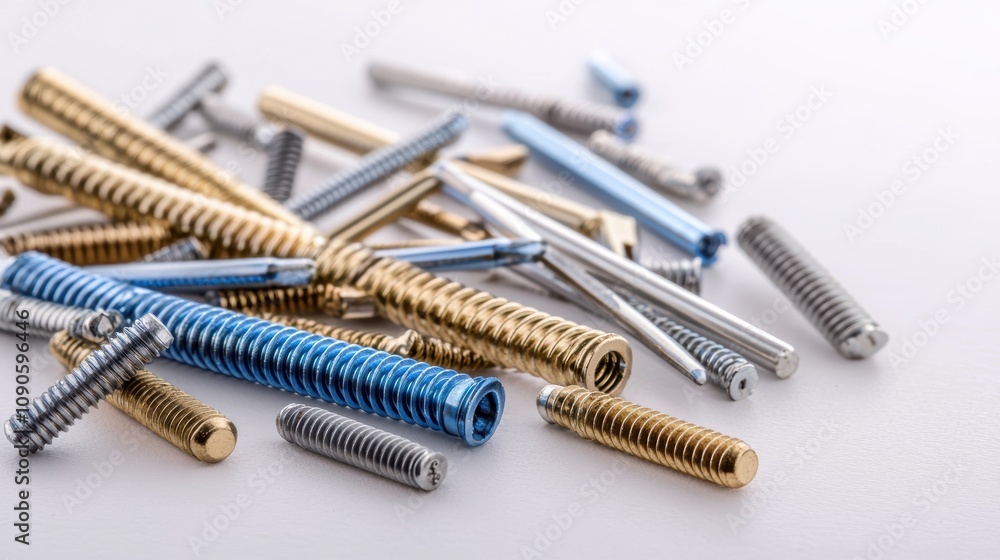 Variety of metallic screws displayed on a clean white surface organized composition emphasizing precision and utility in construction Variety of metallic screws displayed on a clean white surface organized composition emphasizing precision and utility in construction
