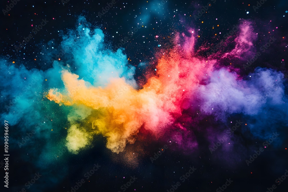 Fototapeta premium Isolated single firework burst in a dark night sky with vibrant colors, copy space, and clean background. New Year event.