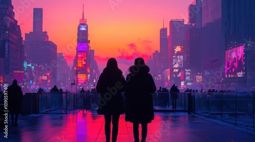 Capturing the heart of times square vibrant evening scene with people and colorful lights urban environment emotional connection photo