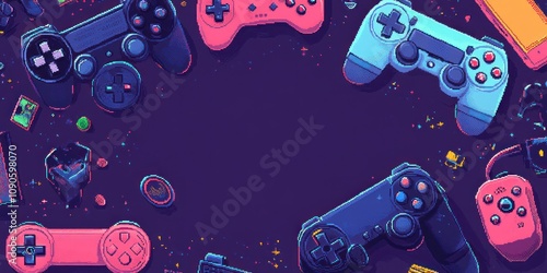 A vibrant arrangement of gaming controllers and related items on a colorful background. photo