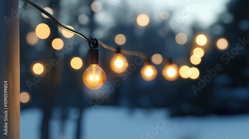  Cinematic photograph of light bulbs hanging on a string in the winter evening, with a blurred background
