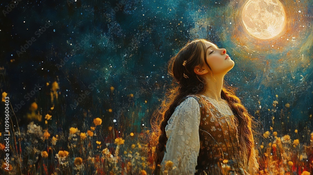 Naklejka premium A serene girl gazes at a bright moon in a starry night surrounded by colorful flowers, evoking a sense of wonder and tranquility.