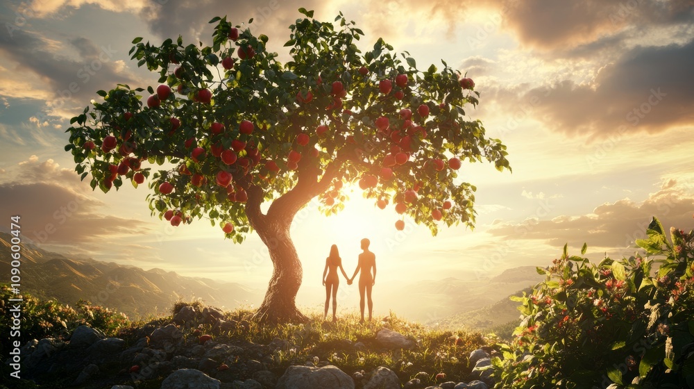 Obraz premium The creation of adam and eve god s provision in the garden of eden in the book of genesis
