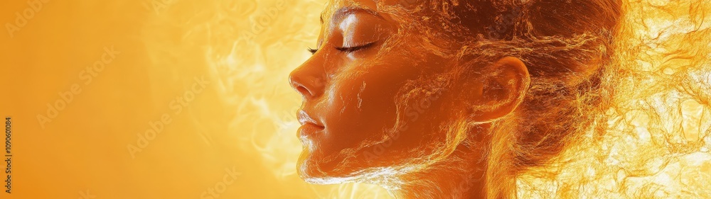 Fototapeta premium A serene profile of a woman surrounded by warm golden tones, symbolizing tranquility and inner peace.
