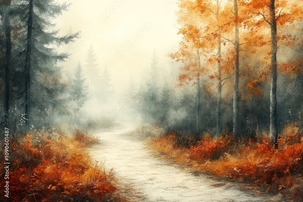 Fototapeta premium An autumn forest path hidden in thick fog.