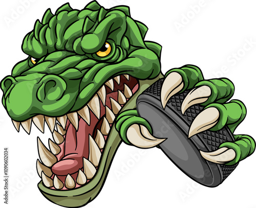 A crocodile, dinosaur or alligator lizard hockey sports mascot