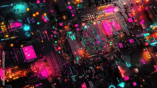 Colorful Abstract Technology Background Featuring Neon Lights, Circuit Patterns, and Vibrant Digital Elements in Electronic Hardware Design