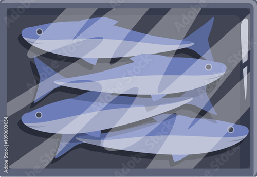 Freshly caught fish neatly arranged in a plastic container, showcasing the quality and freshness for retail sale