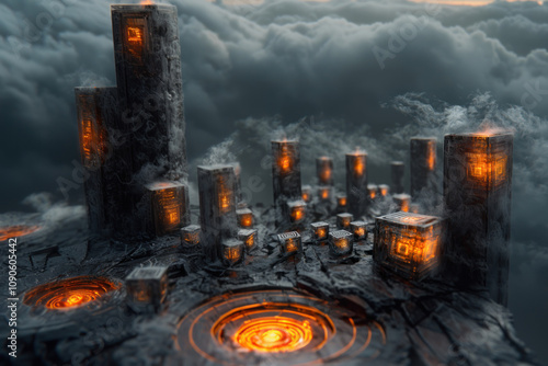 a futuristic or fantasy landscape with tall stone structures illuminated from within by a bright orange light.   photo