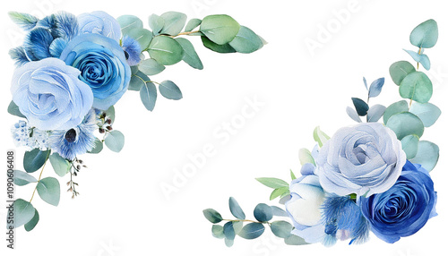 Watercolor Floral Corner Border Blue Roses and Light Blue Peony with Eucalyptus Greenery for Invitations