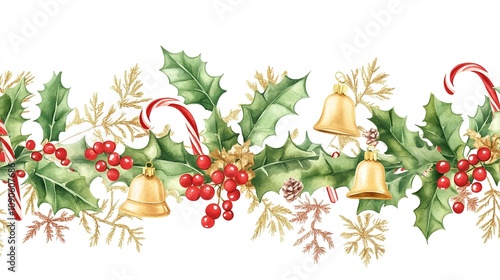 Seamless Straight Christmas Border with Watercolor Festive Elements Including Holly Leaves, Red Berries, Golden Bells, Candy Canes, and Snowflakes, Perfect for Holiday Cards and Decorations photo