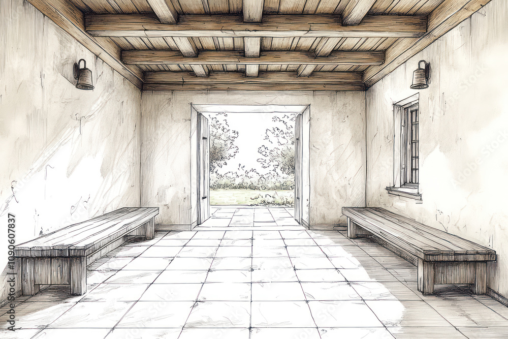 Fototapeta premium spacious interior with wooden ceiling and two long benches along the walls. 