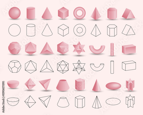 Set of vector realistic 3D pink geometric shapes isolated on background. Mathematics of geometric shapes, linear objects, contours. Platonic solid. Icons, logos for education, business, design
