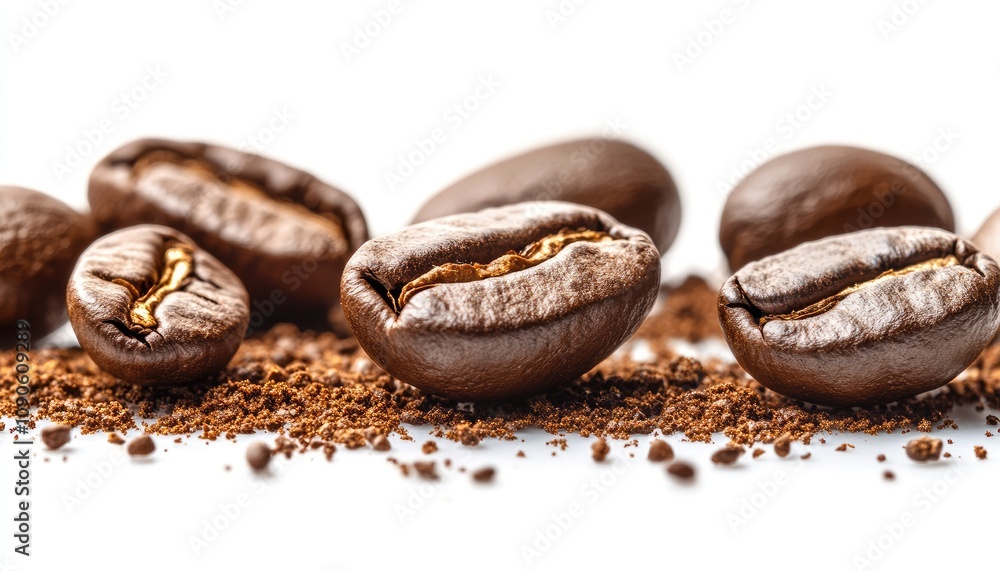 Close-up of coffee beans and grounds. Perfect for advertisements, coffee packaging, and blogs about the beverage. Close-up of coffee beans and grounds. Perfect for advertisements, coffee packaging, and blogs about the beverage.