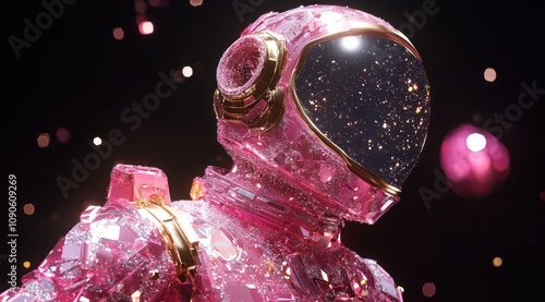 Astronaut in pink suit dances with cosmic stars photo