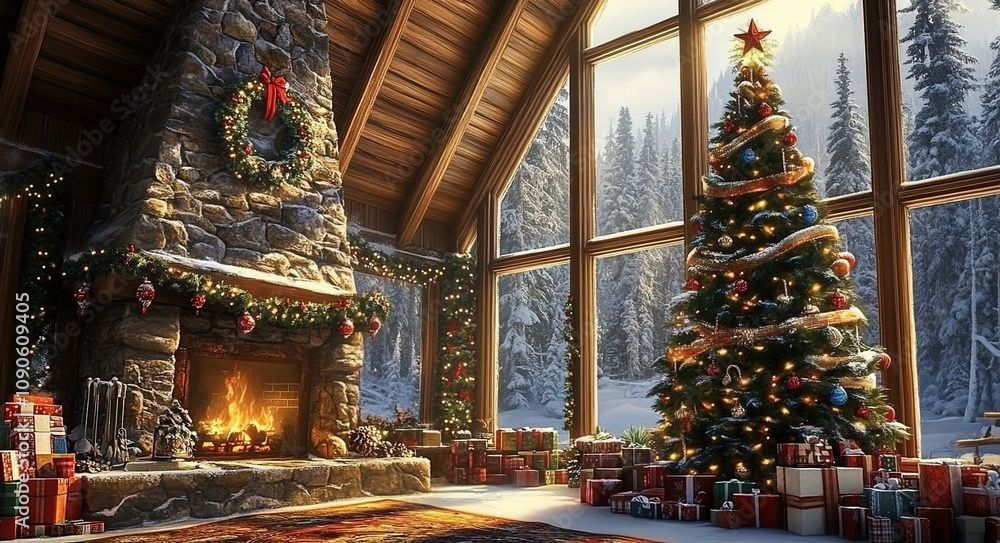 Fototapeta premium A cozy cabin interior with large windows, adorned with Christmas decorations like wreaths and garlands on the walls