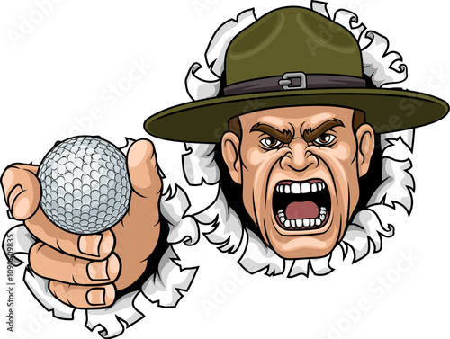 An angry drill instructor or sergeant bootcamp army soldier cartoon character holding golf ball sports team mascot illustration.