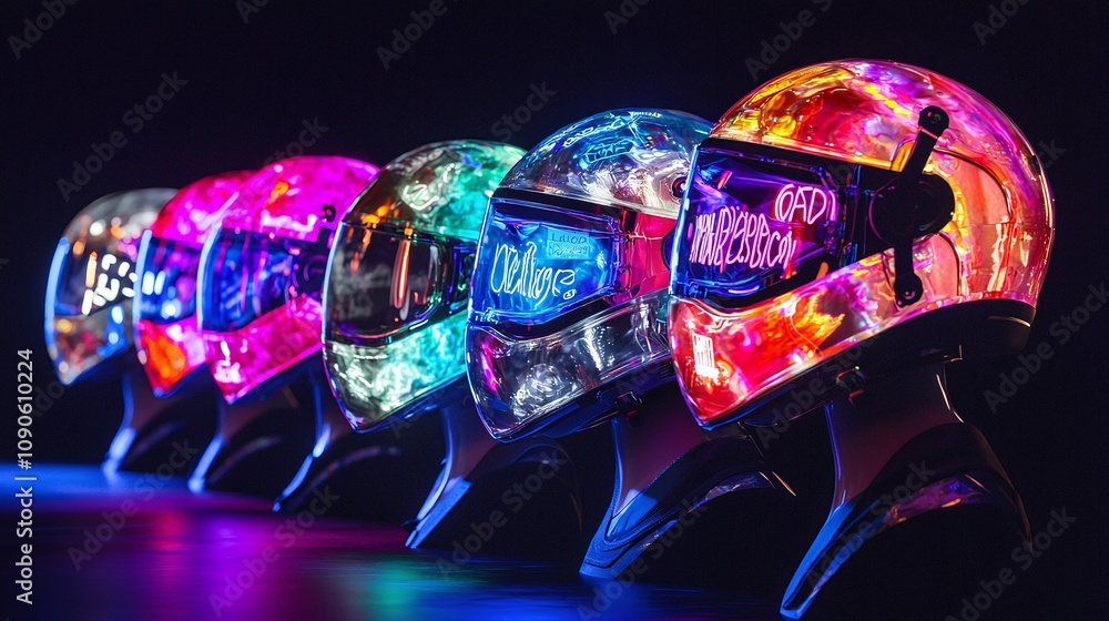 Fototapeta premium helmets lights colors and the evolution of design technology and passion in vibrant racing performance