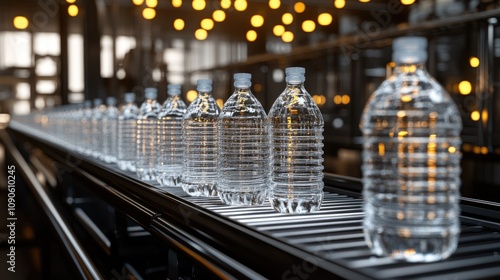 A row of clear plastic water bottles on a conveyor belt, illuminated by soft, glowing lights, creating an industrial yet appealing atmosphere.