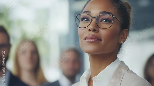 A group of professionals listening attentively to a woman presenting ideas in a casual office setting 