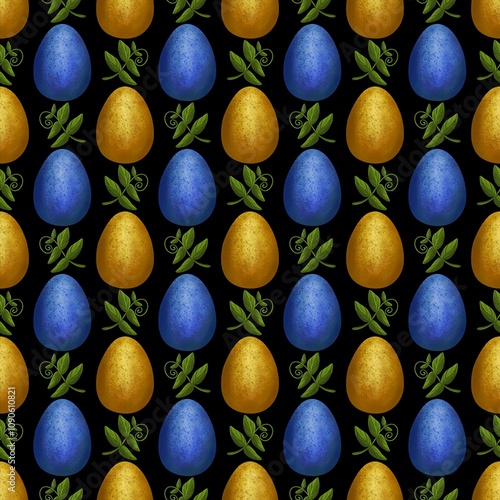 Yellow and Blue Easter Eggs with Leaves Small on Black Background Seamless Pattern