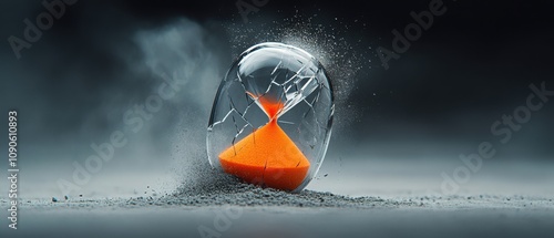 Investing mistake fail business and volatility Concept, A shattered hourglass spills orange sand, symbolizing the passage of time and the fragility of moments.