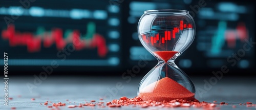 Investing mistake fail business and volatility Concept, Hourglass with red sand symbolizes time management and urgency against a backdrop of financial market graphs.